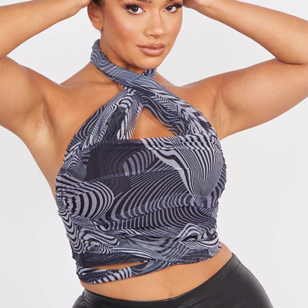 Shape Monochrome Swirl Print Mesh Halterneck Tie Die Detail Crop Top  - 14